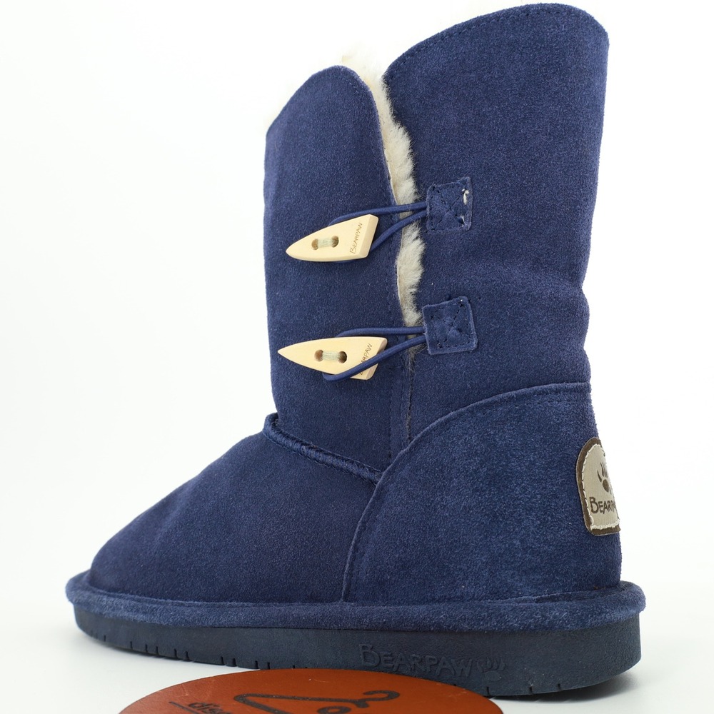 Bearpaw Women Navy Blue Suede Abigail Toggle Boots Sheepskin Lining Size 7